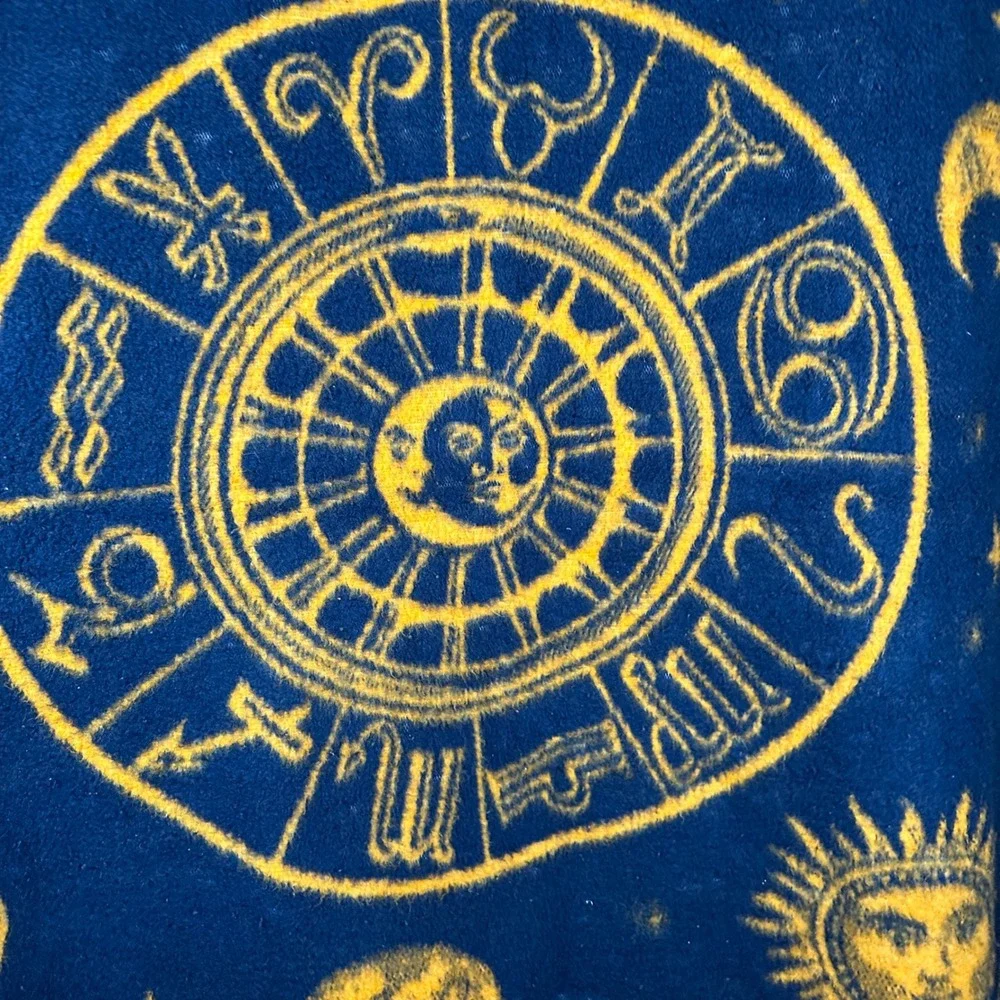 Vintage Biederlack Celestial Zodiac Sun Moon Stars Throw Blanket Blue Gold USA